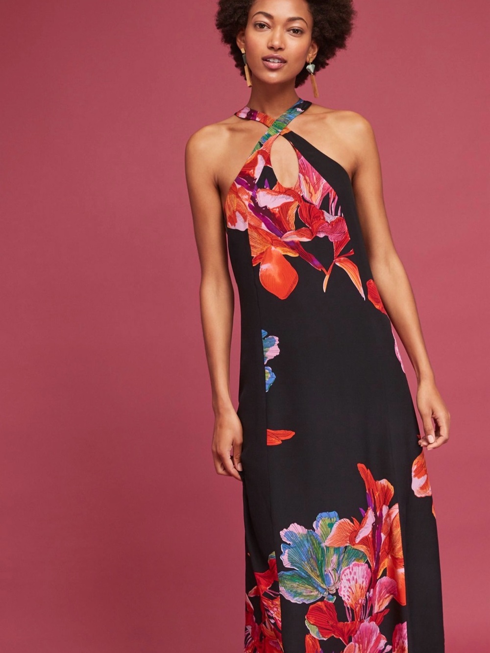 Anthropologie Cayman Black Silk Floral Maxi Dress by Maeve